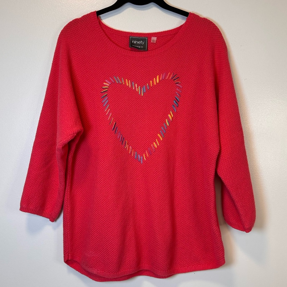Ninety Pink Sweater with a Multicolor Stitched Heart 3/4 sleeves Women’s Large